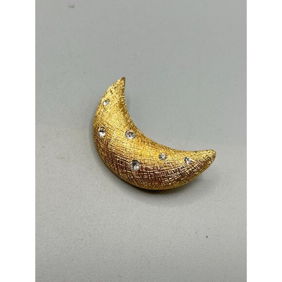 Vintage Christian Dior Moon Brooch Textured Gold Tone Crystals Crescent Moon - Picture 2 of 7